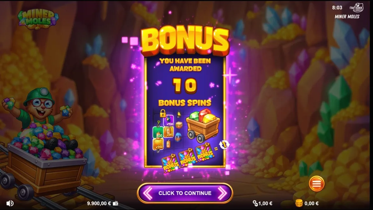 Tampilan visual slot Miner Moles dengan karakter tikus tanah di dalam gua kristal