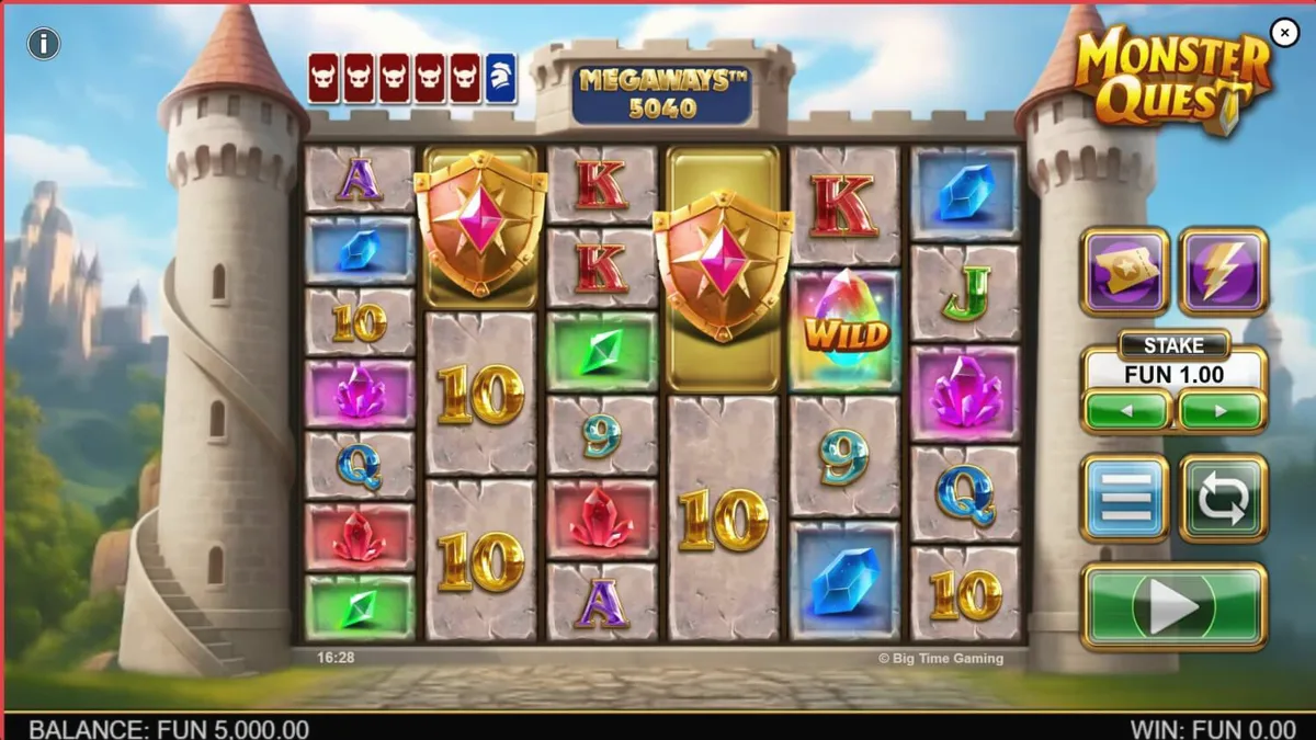 Tampilan visual slot Monster Quest dengan latar belakang kastil abad pertengahan dan ksatria.